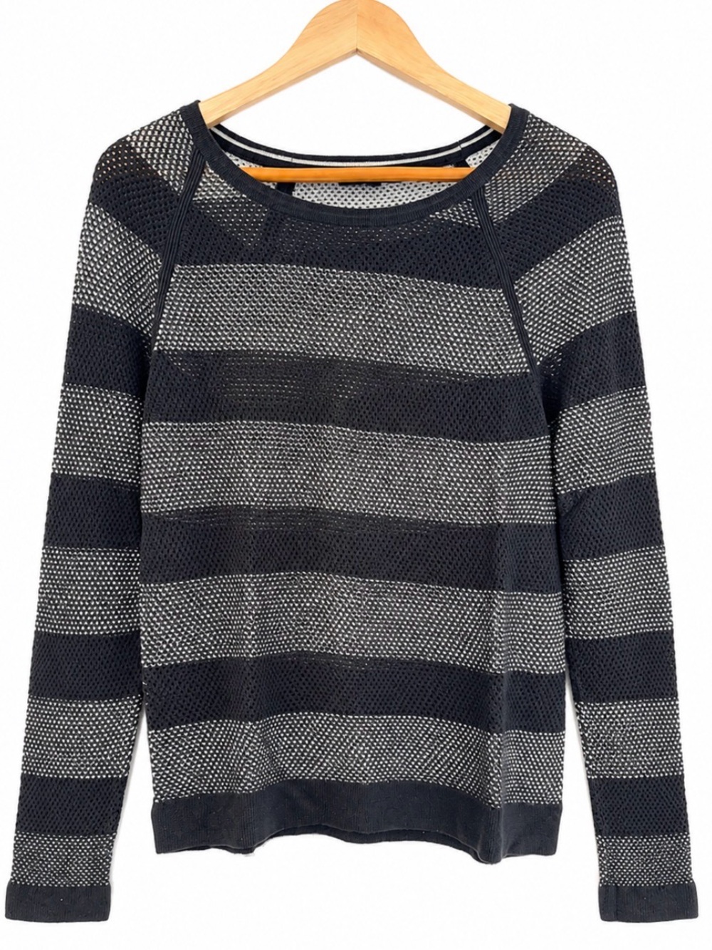 rag & bone Black and Gray Striped Open-Knit Crew Sweater